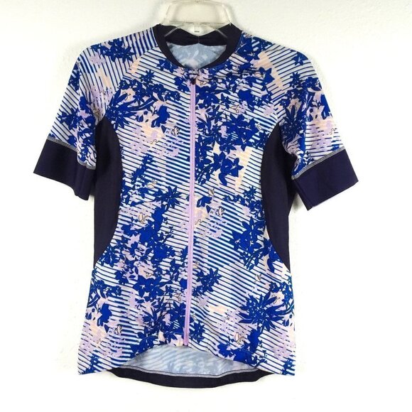 Sweaty Betty Biking Jersey Women's Size M Blue Floral Cycling Short Sleeve - Picture 1 of 10